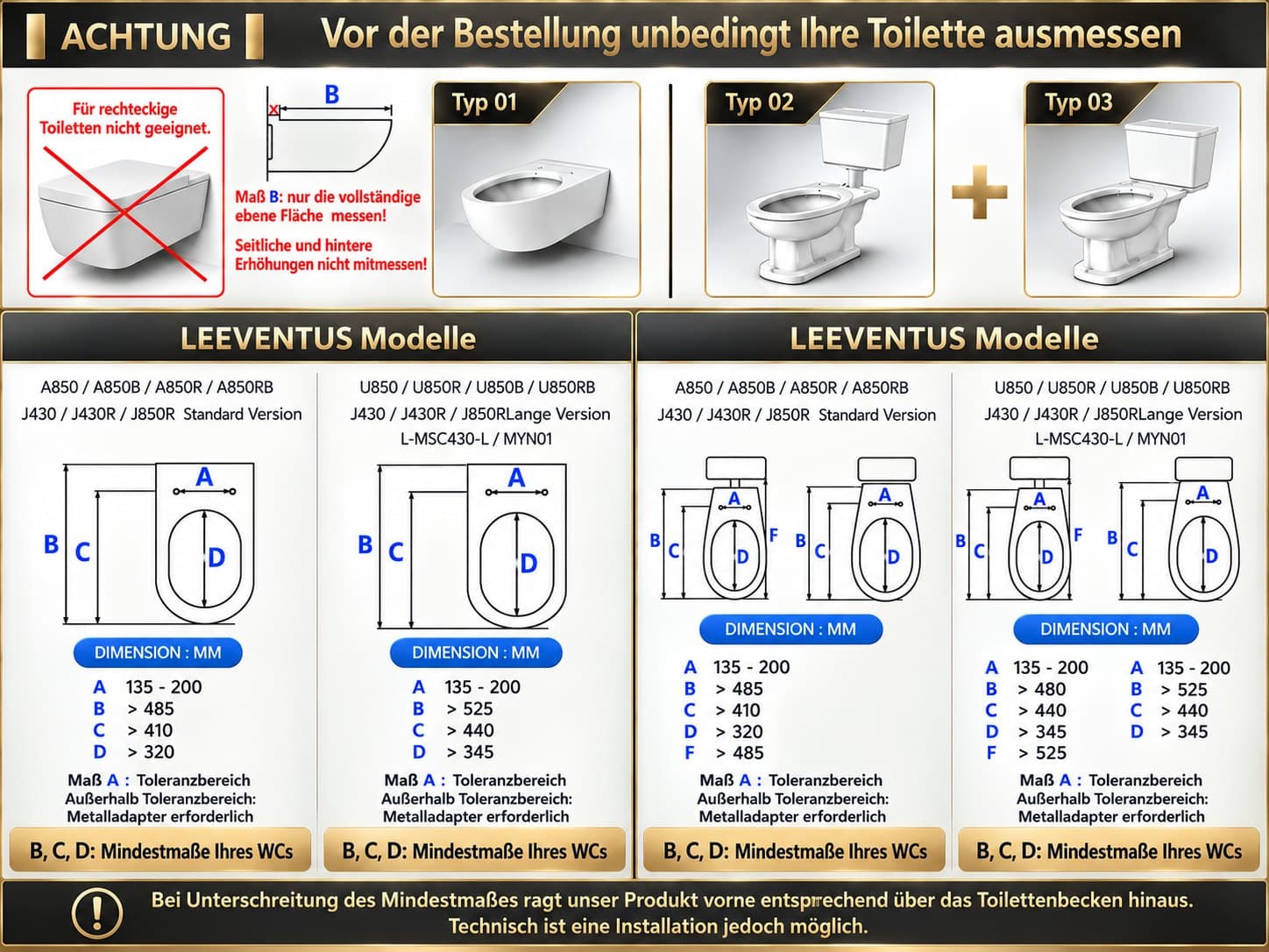 Maßtabelle: Mindestmaße der Toilette für alle LEEVENTUS Dusch-WC-Modelle