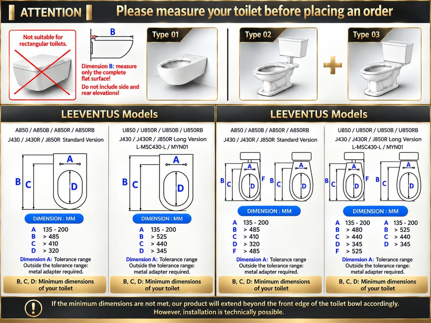 Dimension table: minimum toilet dimensions for all LEEVENTUS shower toilet models