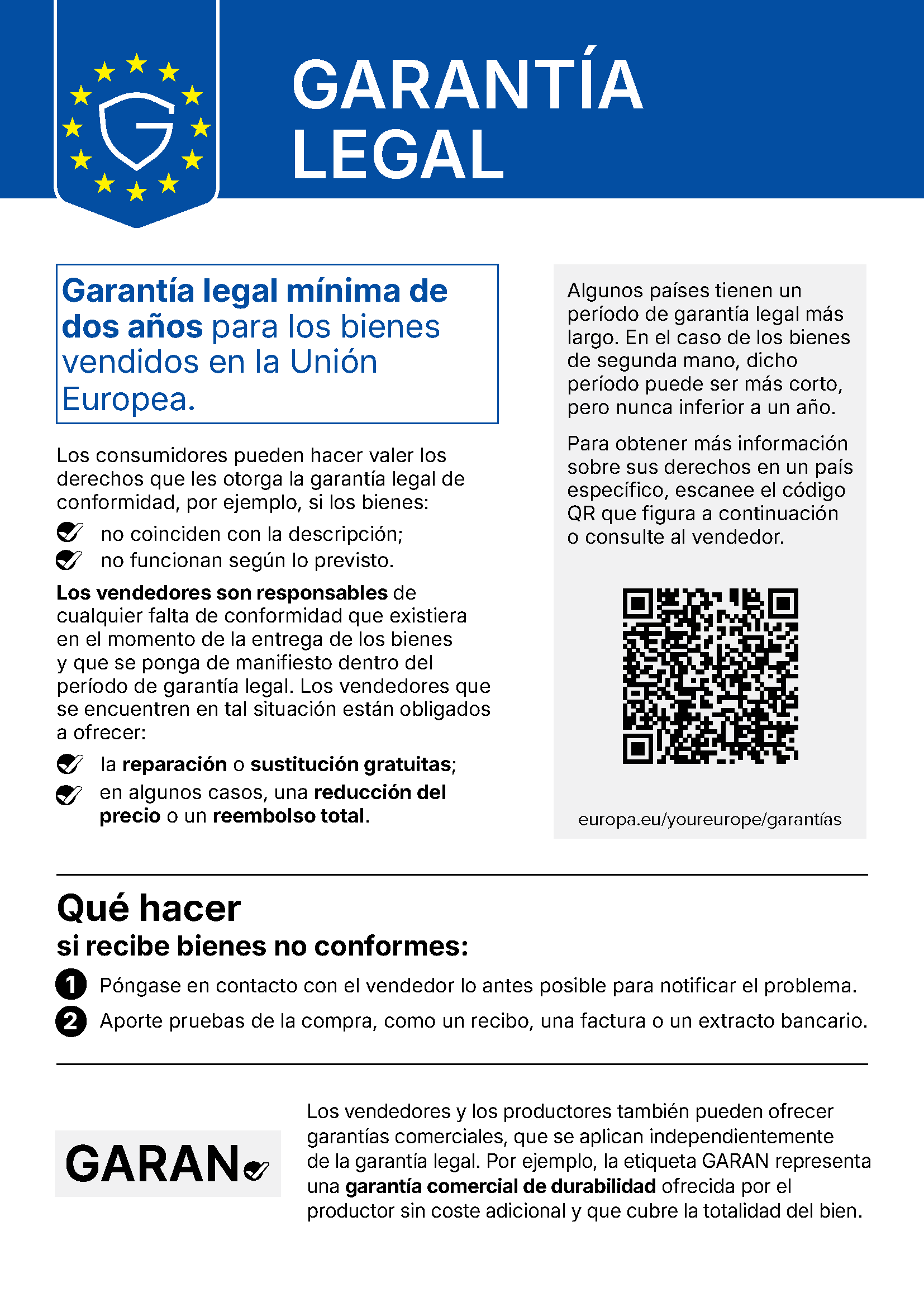 Garantía legal – aviso armonizado de la Unión Europea