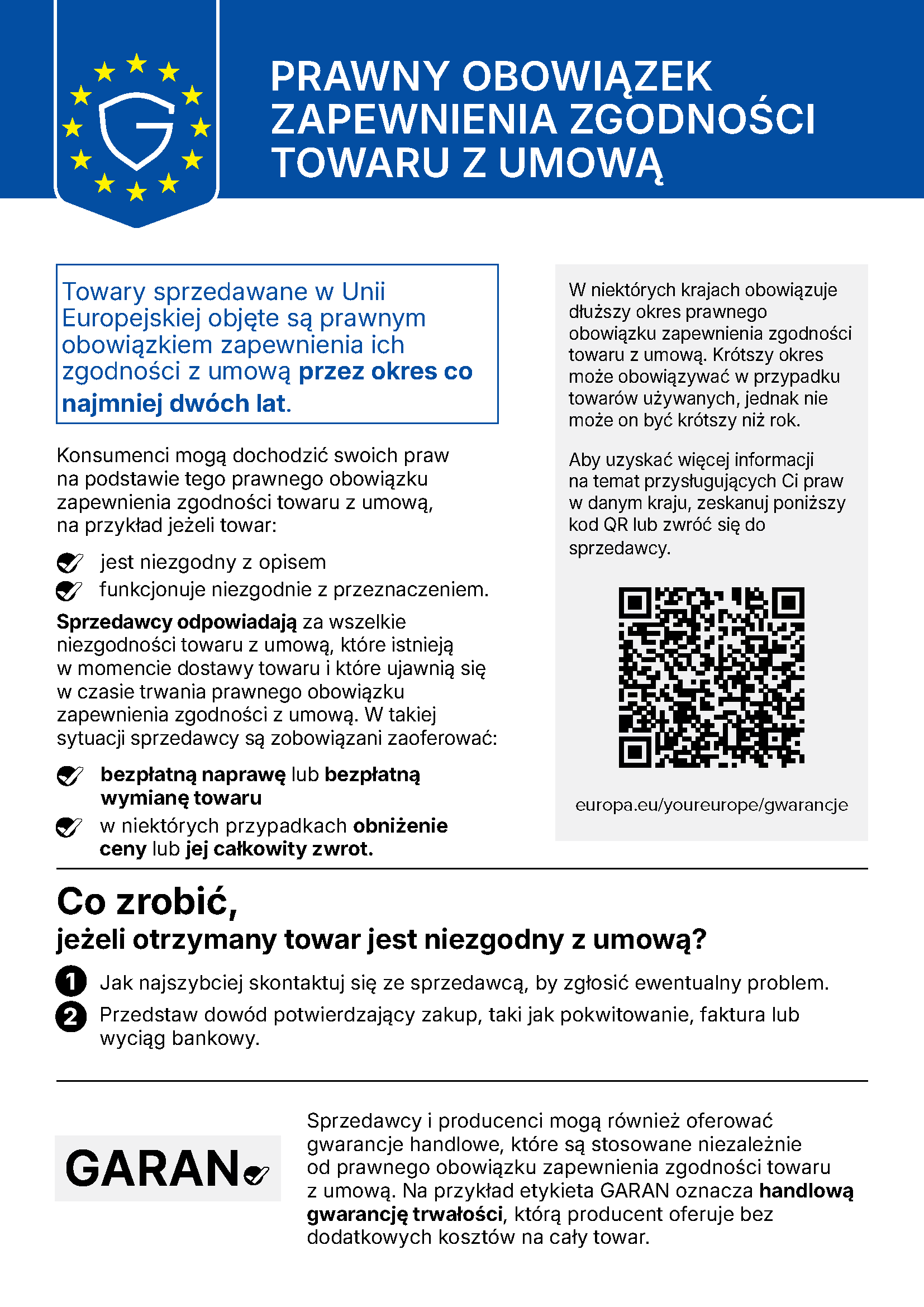 Zgodność towaru z umową – zharmonizowana informacja Unii Europejskiej